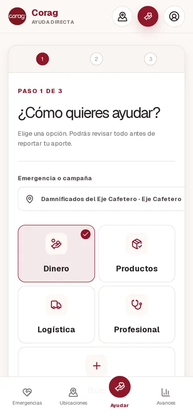 Flujo «¿Cómo quieres ayudar?» de Ayuda Directa en un teléfono
