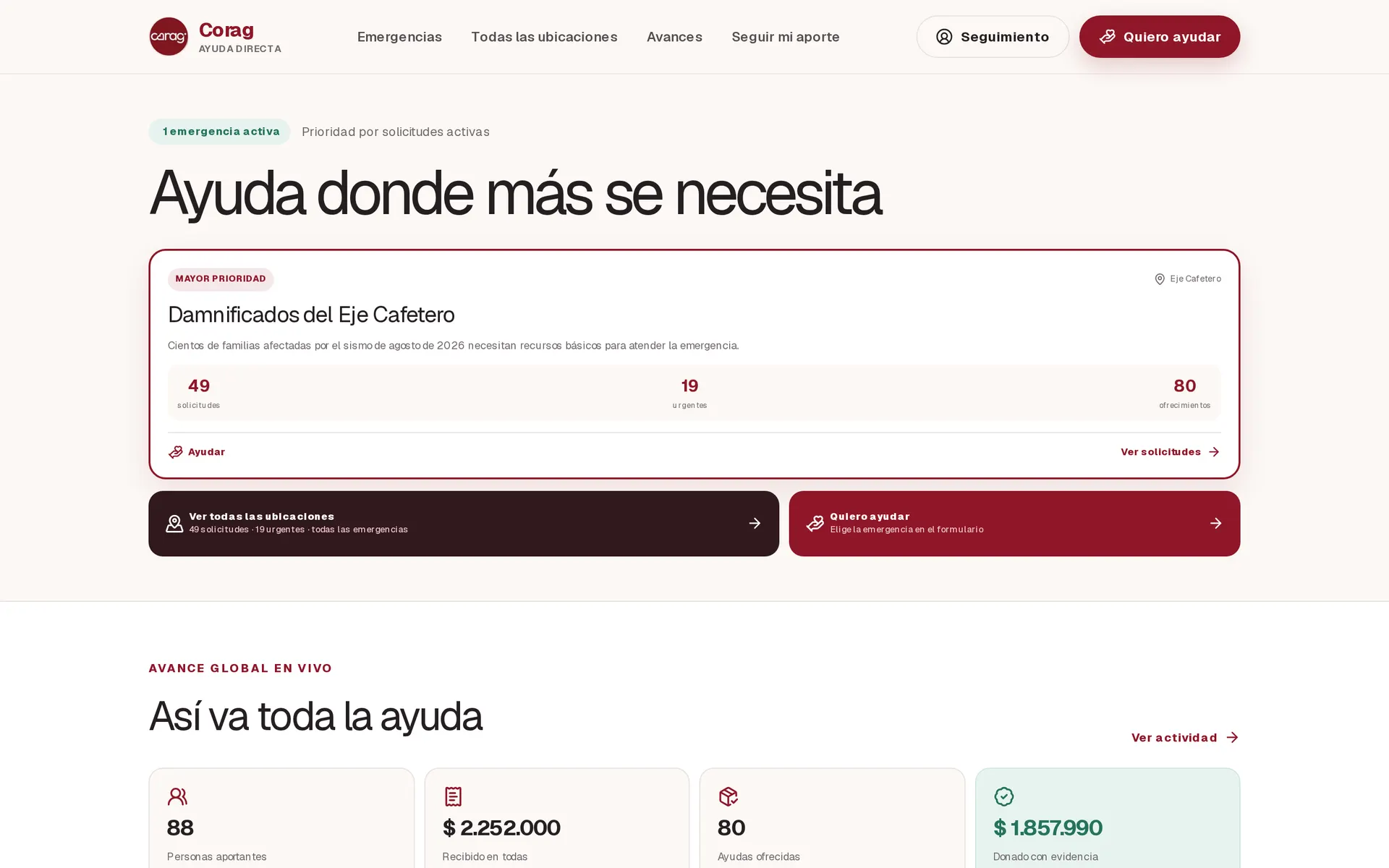 Pantalla principal de Ayuda Directa, uno de los clientes de la API pública