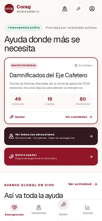 Pantalla de la aplicación Ayuda Directa en un teléfono, con la emergencia de mayor prioridad