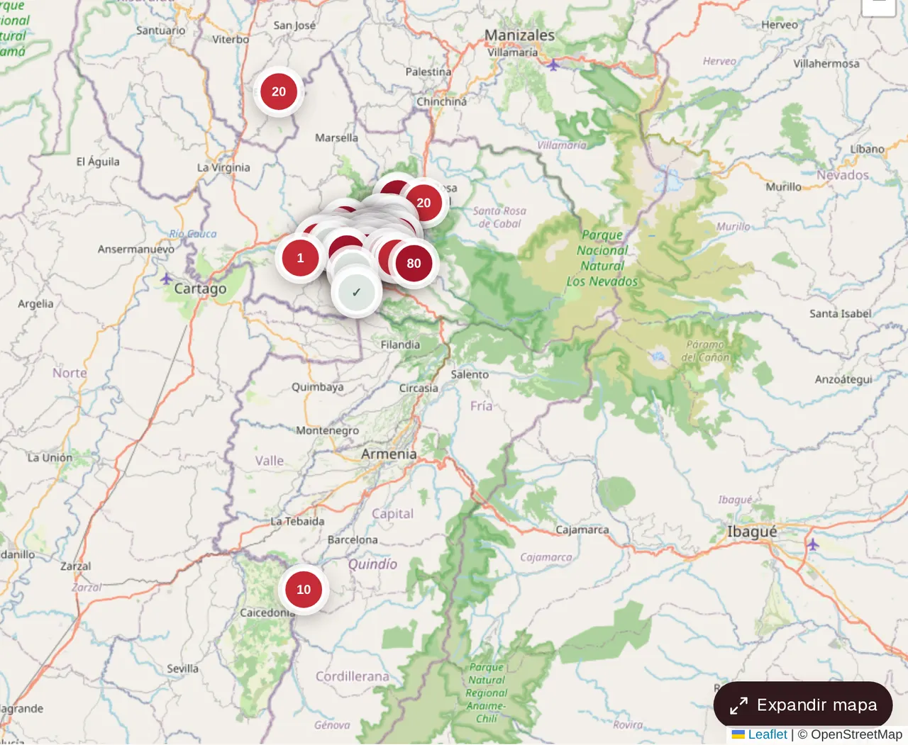 Mapa de Ayuda Directa con los grupos de solicitudes y ofrecimientos sobre el Eje Cafetero