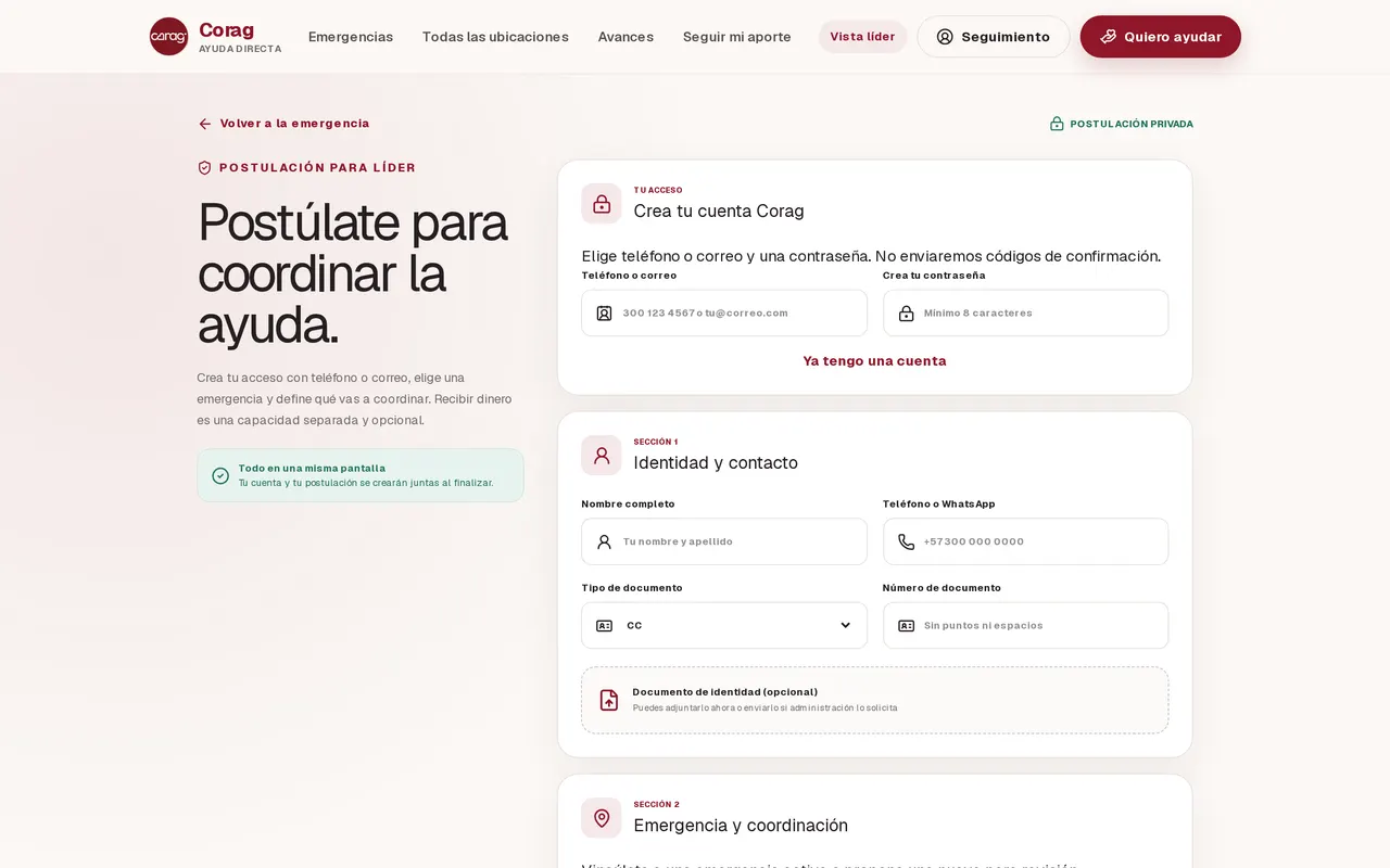 Pantalla de postulación para líder en Ayuda Directa, con el formulario vacío