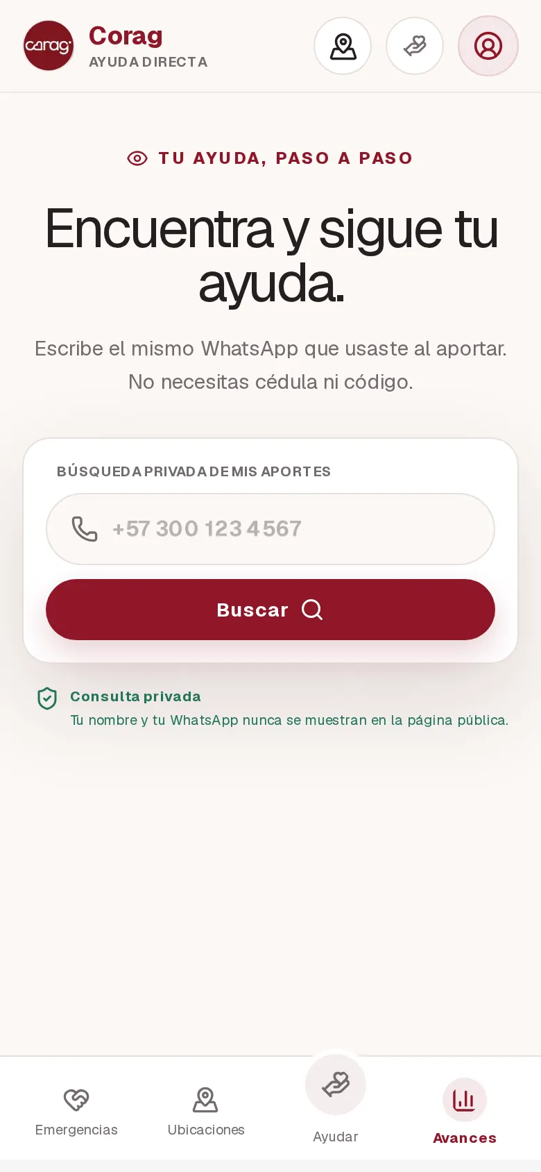 Pantalla privada de seguimiento de un aporte en Ayuda Directa, con la búsqueda vacía