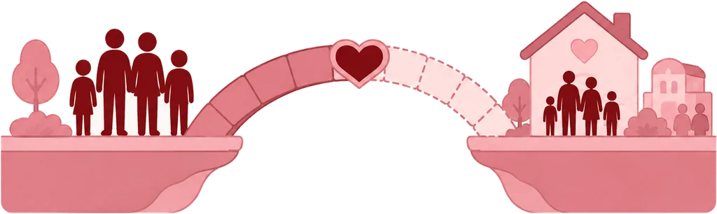 Ilustración: un grupo de personas a un lado de un vacío y una casa con una familia al otro, unidos por un puente en arco cuya clave es un corazón; la mitad lejana del puente todavía se está formando