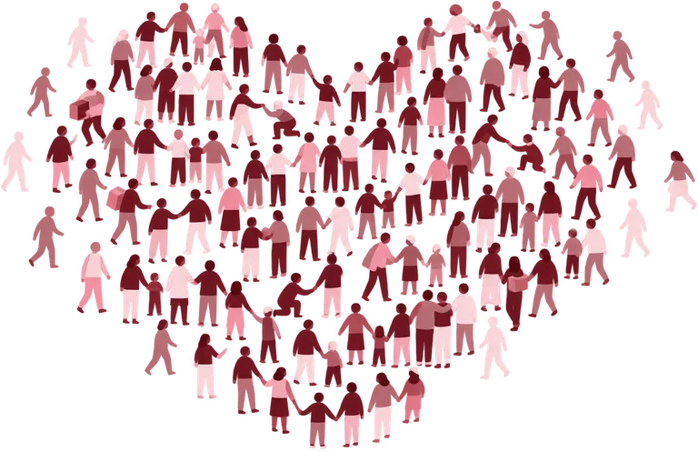 Ilustración: alrededor de ciento cincuenta siluetas de personas, sin rostro y todas del mismo tamaño, que al agruparse forman la silueta de un corazón; algunas se dan la mano, otras cargan cajas, y las del borde exterior, más claras, todavía se están sumando